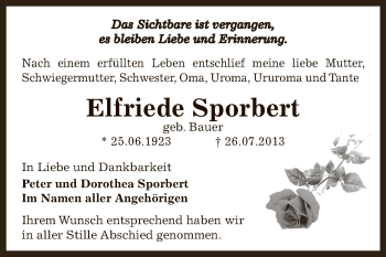 Traueranzeige von Elfriede Sporbert von Super Sonntag Zeitz