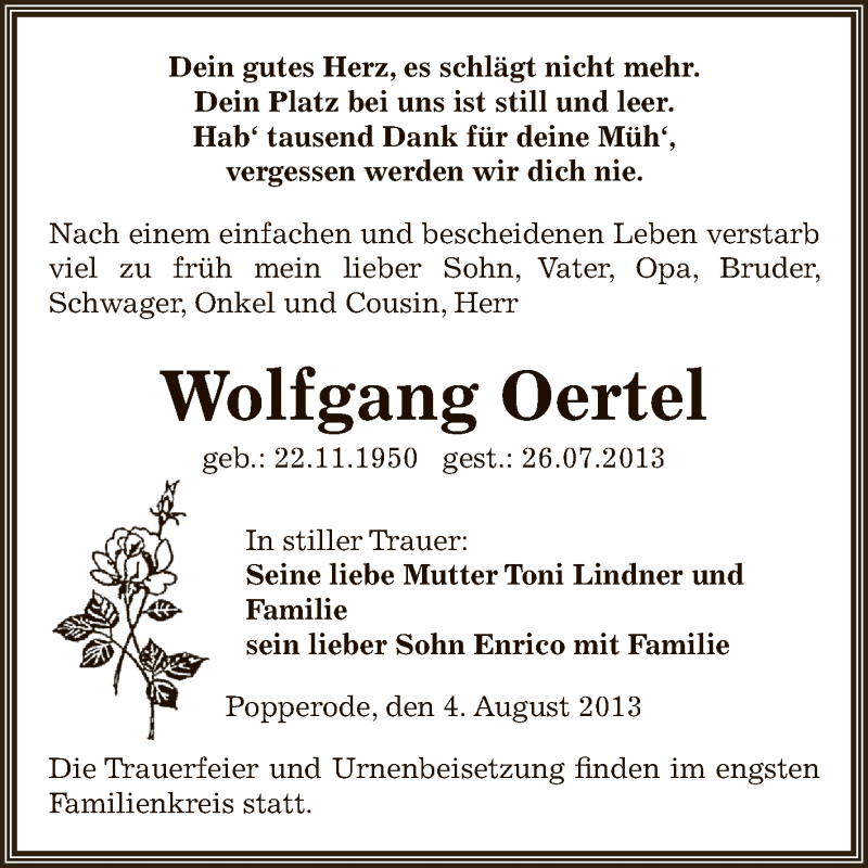  Traueranzeige für Wolfgang Oertel vom 04.08.2013 aus Super Sonntag SGH Mansf. Land