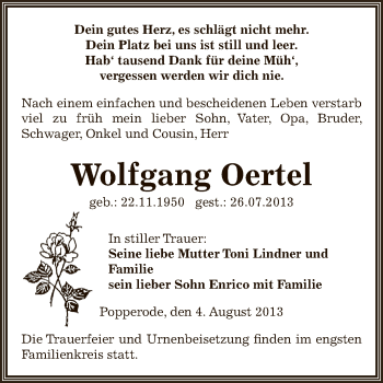 Traueranzeige von Wolfgang Oertel von Super Sonntag SGH Mansf. Land