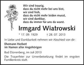 Traueranzeige von Irmgard Wiatrowski von WVG - Wochenspiegel Merseburg