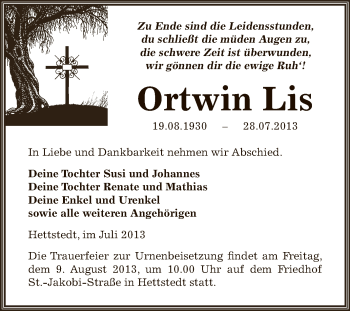 Traueranzeige von Ortwin Lis von Wochenspiegel Mansfelder Land