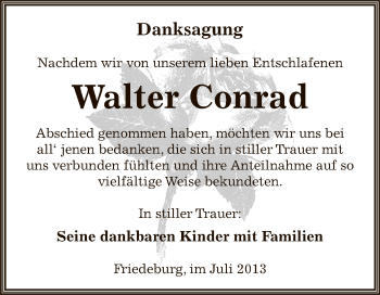 Traueranzeige von Walter Conrad von Wochenspiegel Mansfelder Land