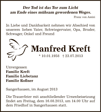 Traueranzeige von Manfred Kreft von WVG - Wochenspiegel SGH