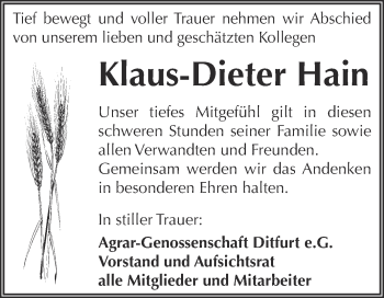 Traueranzeige von Klaus-Dieter Hain von Super Sonntag Quedlinburg