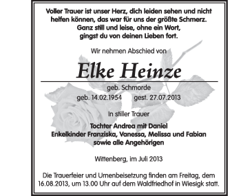 Traueranzeige von Elke Heinze von WVG - Wochenspiegel Wittenberg