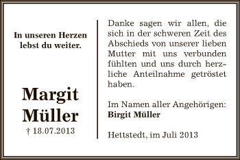 Traueranzeige von Margit Müller von Super Sonntag SGH Mansf. Land
