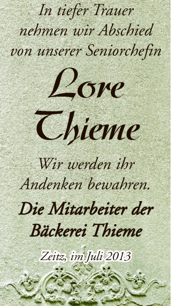 Traueranzeige von Lore Thieme von Super Sonntag Zeitz
