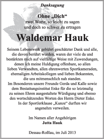 Traueranzeige von Waldemar Hauk von Super Sonntag Dessau / Köthen