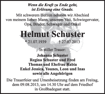 Traueranzeige von Helmut Schuster von Super Sonntag Dessau / Köthen