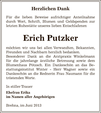 Traueranzeige von Erich Putzker von WVG - Wochenspiegel Bitterfeld