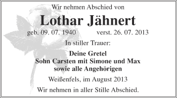 Traueranzeige von Lothar Jähnert von WVG - Wochenspiegel NMB / WSF / ZTZ