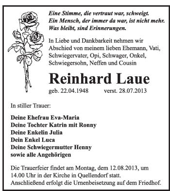 Traueranzeige von Reinhard Laue von Super Sonntag Dessau / Köthen