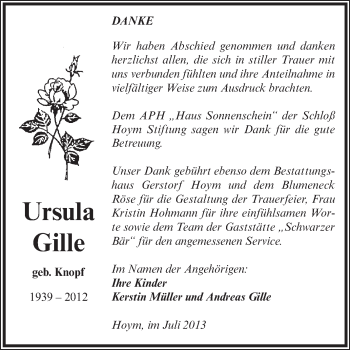 Traueranzeige von Ursula Gille von Super Sonntag Aschersleben