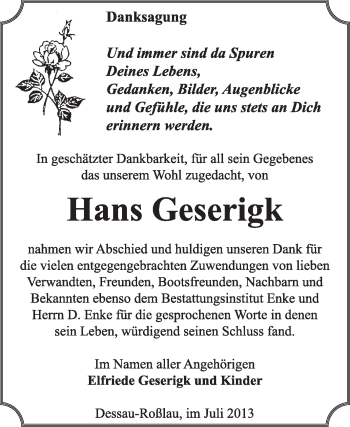 Traueranzeige von Hans Geserigk von Super Sonntag Dessau / Köthen