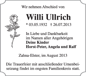 Traueranzeige von Willi Ullrich von WVG - Wochenspiegel Wittenberg