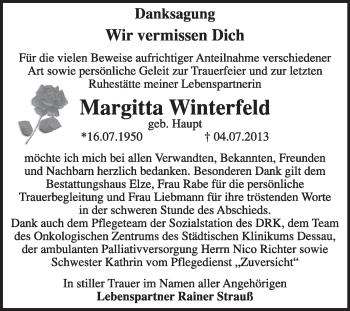 Traueranzeige von Margitta Winterfeld von Super Sonntag Dessau / Köthen