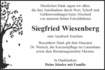 Traueranzeige von Siegfried Wiesenberg von WVG - Wochenspiegel NMB / WSF / ZTZ