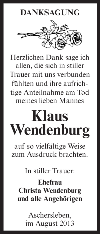 Traueranzeige von Klaus Wendenburg von Super Sonntag Aschersleben