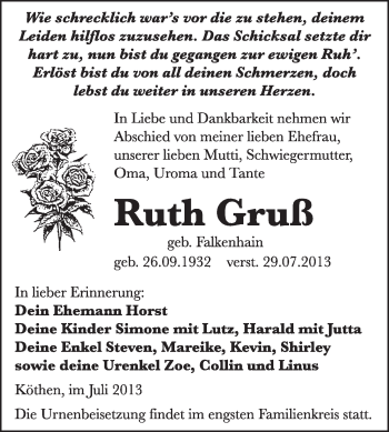 Traueranzeige von Ruth Gruß von Super Sonntag Dessau / Köthen