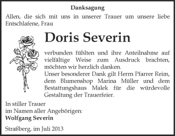 Traueranzeige von Doris Severin von WVG - Wochenspiegel Quedlinburg