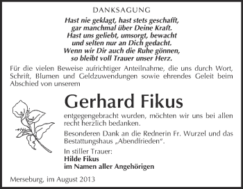 Traueranzeige von Gerhard Fikus von WVG - Wochenspiegel Merseburg