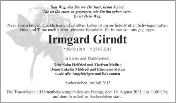 Traueranzeige von Irmgard Girndt von WVG - Wochenspiegel Aschersleben