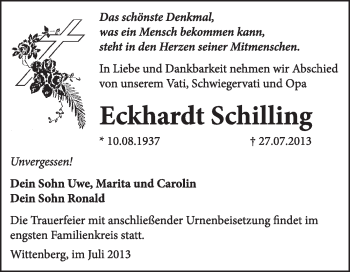Traueranzeige von Eckhardt Schilling von Super Sonntag Wittenberg