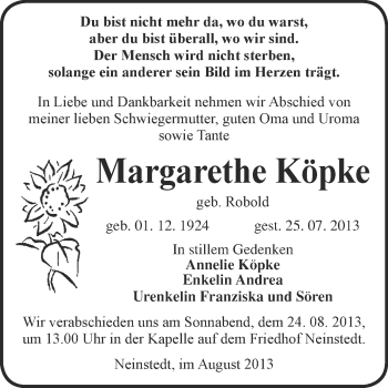 Traueranzeige von Margarethe Köpke von WVG - Wochenspiegel Quedlinburg