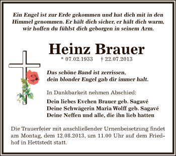 Traueranzeige von Heinz Brauer von Wochenspiegel Mansfelder Land