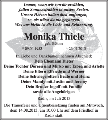 Traueranzeige von Monika Thiele von WVG - Wochenspiegel Wittenberg