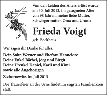 Traueranzeige von Frieda Voigt von WVG - Wochenspiegel Wittenberg