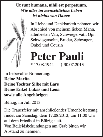 Traueranzeige von Peter Pauli von Super Sonntag Wittenberg