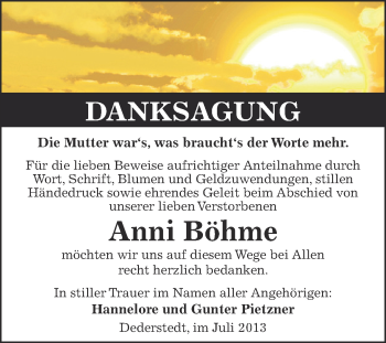Traueranzeige von Anni Böhme von Super Sonntag SGH Mansf. Land