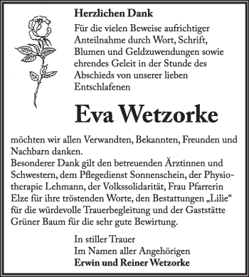 Traueranzeige von Eva Wetzorke von Super Sonntag Dessau / Köthen