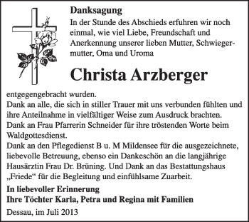 Traueranzeige von Christa Arzberger von Super Sonntag Dessau / Köthen