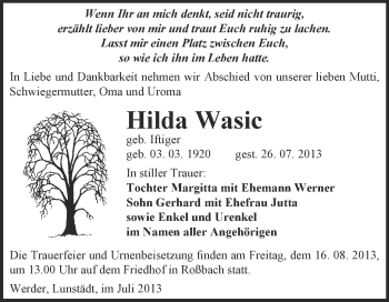 Traueranzeige von Hilda Wasic von WVG - Wochenspiegel Merseburg