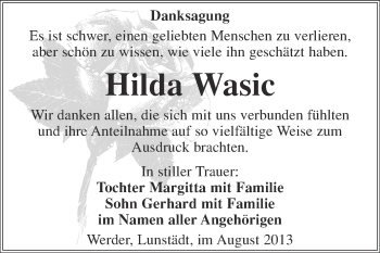 Traueranzeige von Hilda Wasic von WVG - Wochenspiegel Merseburg
