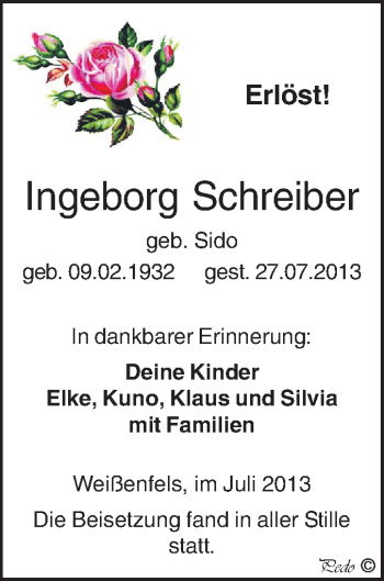 Traueranzeige von Ingeborg Schreiber von WVG - Wochenspiegel NMB / WSF / ZTZ
