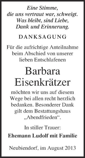 Traueranzeige von Barbara Eisenkrätzer von WVG - Wochenspiegel Merseburg