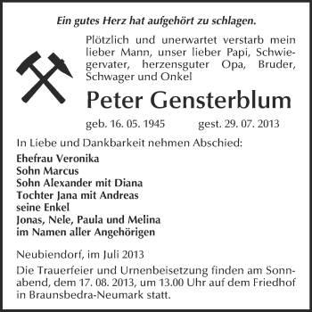 Traueranzeige von Peter Gensterblum von WVG - Wochenspiegel Merseburg