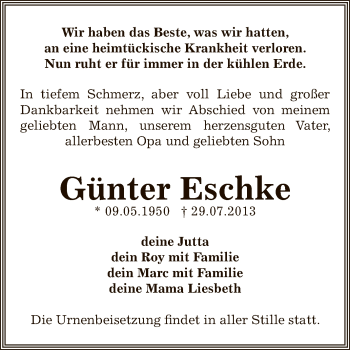 Traueranzeige von Günter Eschke von WVG - Wochenspiegel Dessau / Köthen