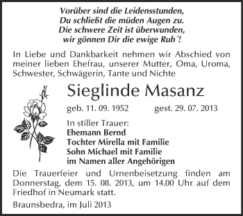 Traueranzeige von Sieglinde Masanz von WVG - Wochenspiegel Merseburg