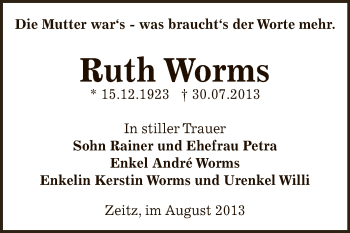 Traueranzeige von Ruth Worms von Super Sonntag Zeitz