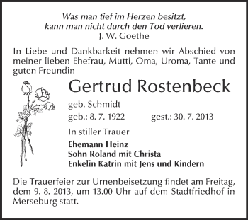 Traueranzeige von Gertrud Rostenbeck von Super Sonntag Merseburg