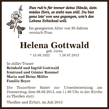 Traueranzeige von Helena Gottwald von Super Sonntag Zeitz