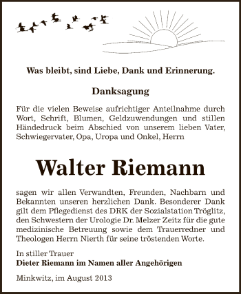 Traueranzeige von Walter Riemann von Super Sonntag Zeitz