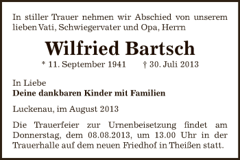 Traueranzeige von Wilfried Bartsch von Super Sonntag Zeitz