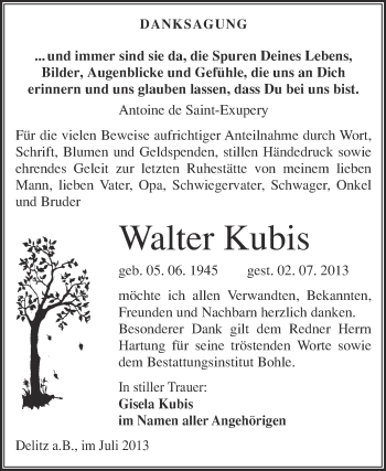 Traueranzeige von Walter Kubis von Super Sonntag Merseburg