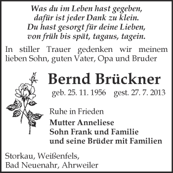 Traueranzeige von Bernd Brückner von WVG - Wochenspiegel NMB / WSF / ZTZ