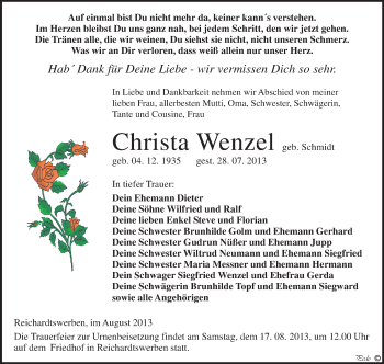 Traueranzeige von Christa Wenzel von WVG - Wochenspiegel NMB / WSF / ZTZ